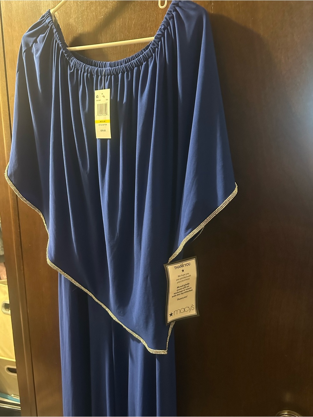 Blue Off-Shoulder Maxi Dress with Rhinestone Trim